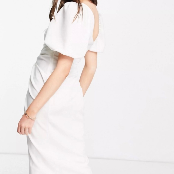 ASOS asymmetric puff sleeve knot tuck midi dress in ivory - Picture 3 of 8
